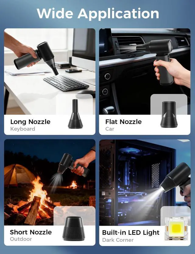 Alt view image 12 of 14 - Compressed Air Duster-180000RPM Electric Air Duster Rechargeable Brushless Motor, Stepless Speed/3-Gear Adjustable Mini Blower Cordless with LED Light, Dust Blower for Computer, House, Outdoor, Car