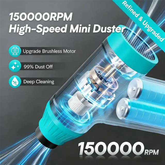 Alt view image 9 of 14 - Compressed Air Duster Keyboard Cleaner - Electric Air Blower Cleaning Kit 150,000 RPM Mini Blower Spray to Dust Off Car, PC, Keyboard, Vacuum (Green)