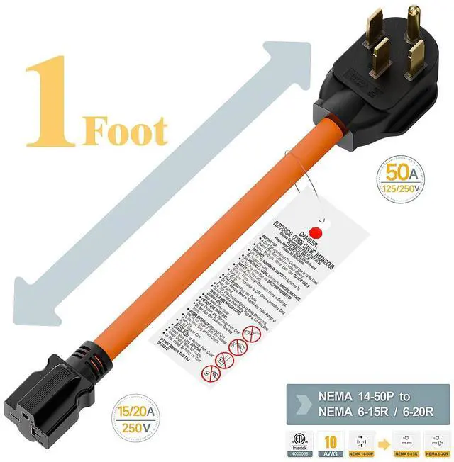 Alt view image 9 of 14 - 1FT STW 10/3 Heavy Duty Nema 14-50P 50-AMP Plug Male to 6-20R/6-15R T-Blade adapter, 4-Prong 250V to 20A 250V 6-20/15R Adapter, 14-50 to 6-20R EV Dryer Adapter