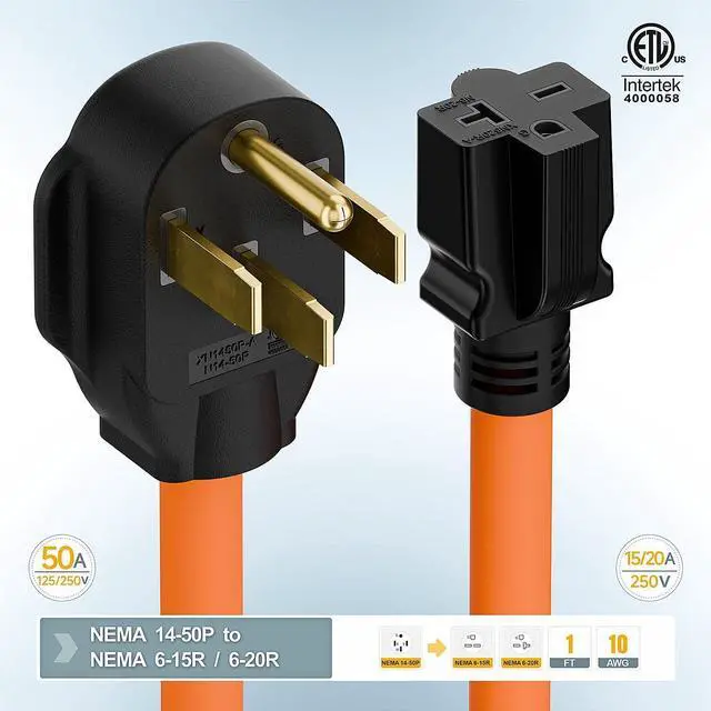 Alt view image 13 of 14 - 1FT STW 10/3 Heavy Duty Nema 14-50P 50-AMP Plug Male to 6-20R/6-15R T-Blade adapter, 4-Prong 250V to 20A 250V 6-20/15R Adapter, 14-50 to 6-20R EV Dryer Adapter