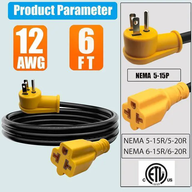 Alt view image 9 of 14 - 6Ft Heavy-Duty 15-A Right-Angle Extension Cord,12AWG 90-Degree 15-Amp Household Plug to 20-Amp T-Type Extension Cable,5-15P to 5-20R,5-15P to 6-15R/20R,125V AC Power Extension Cord