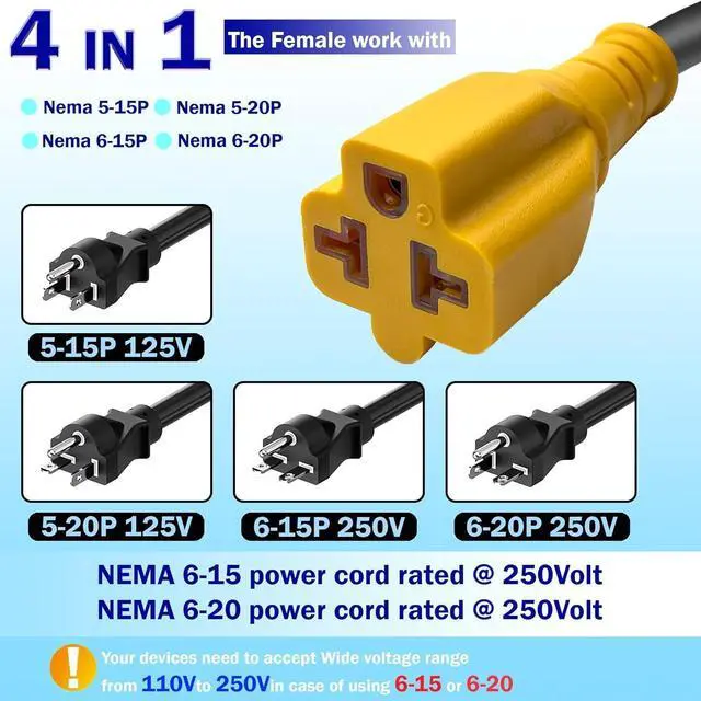 Alt view image 10 of 14 - 6Ft Heavy-Duty 15-A Right-Angle Extension Cord,12AWG 90-Degree 15-Amp Household Plug to 20-Amp T-Type Extension Cable,5-15P to 5-20R,5-15P to 6-15R/20R,125V AC Power Extension Cord