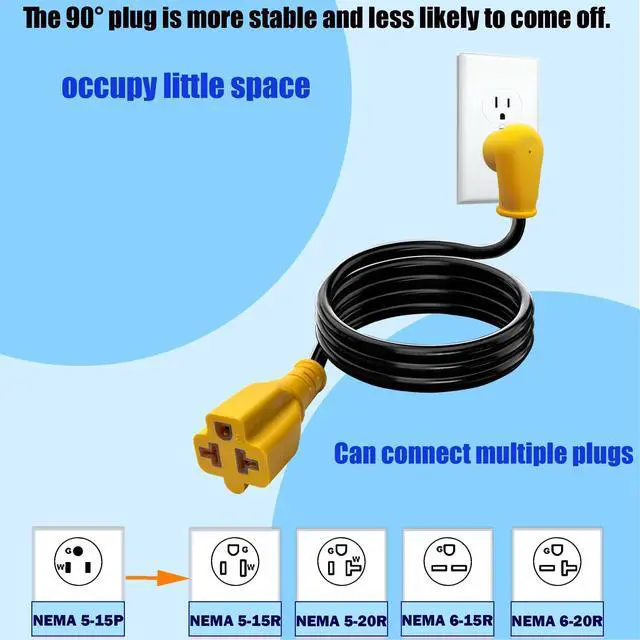 Alt view image 14 of 14 - 6Ft Heavy-Duty 15-A Right-Angle Extension Cord,12AWG 90-Degree 15-Amp Household Plug to 20-Amp T-Type Extension Cable,5-15P to 5-20R,5-15P to 6-15R/20R,125V AC Power Extension Cord