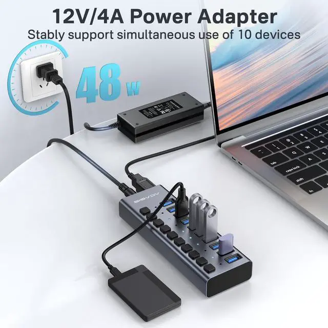 Alt view image 10 of 14 - Powered USB 3.2 Hub, 10 Ports USB 3.2 Hub with 10Gbps Data Speed, Aluminum Housing, USB Hub Powered with 48W Power Adapter, USB Hub for PC/Laptop, Computer, Flash Drive, Printer, Camera