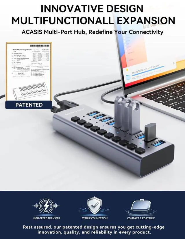 Alt view image 11 of 14 - Powered USB 3.2 Hub, 10 Ports USB 3.2 Hub with 10Gbps Data Speed, Aluminum Housing, USB Hub Powered with 48W Power Adapter, USB Hub for PC/Laptop, Computer, Flash Drive, Printer, Camera
