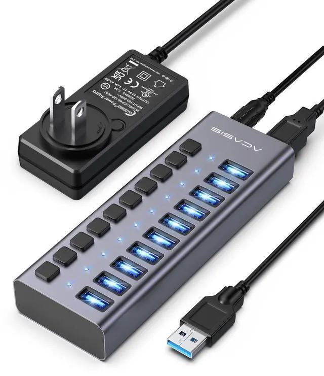 Alt view image 8 of 14 - Powered USB 3.2 Hub, 10 Ports USB 3.2 Hub with 10Gbps Data Speed, Aluminum Housing, USB Hub Powered with 48W Power Adapter, USB Hub for PC/Laptop, Computer, Flash Drive, Printer, Camera