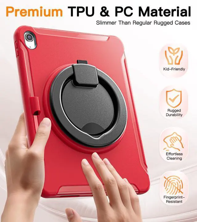 Alt view image 9 of 14 - Case for iPad 10th Gen 10.9" 2022 / 11th Gen (A16) 11" 2025 | 360° Multi-Angle Stand (Portrait & Landscape) & Grip, Built-in Screen Protector, Pencil Holder, Red