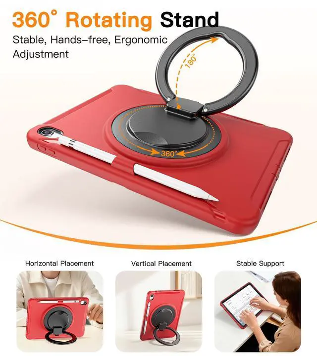 Alt view image 11 of 14 - Case for iPad 10th Gen 10.9" 2022 / 11th Gen (A16) 11" 2025 | 360° Multi-Angle Stand (Portrait & Landscape) & Grip, Built-in Screen Protector, Pencil Holder, Red