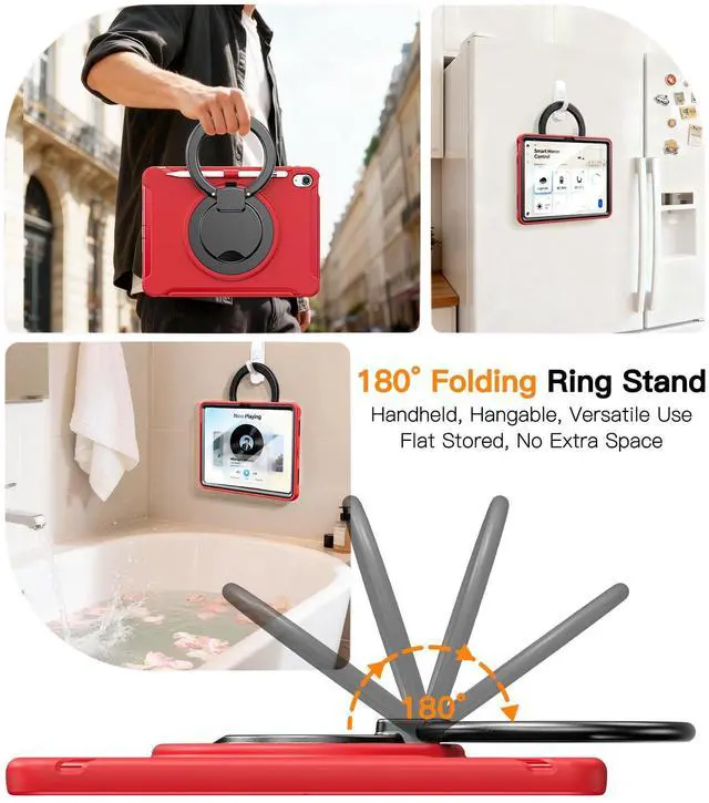 Alt view image 12 of 14 - Case for iPad 10th Gen 10.9" 2022 / 11th Gen (A16) 11" 2025 | 360° Multi-Angle Stand (Portrait & Landscape) & Grip, Built-in Screen Protector, Pencil Holder, Red