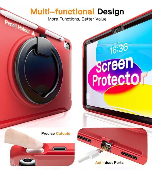 Alt view image 13 of 14 - Case for iPad 10th Gen 10.9" 2022 / 11th Gen (A16) 11" 2025 | 360° Multi-Angle Stand (Portrait & Landscape) & Grip, Built-in Screen Protector, Pencil Holder, Red