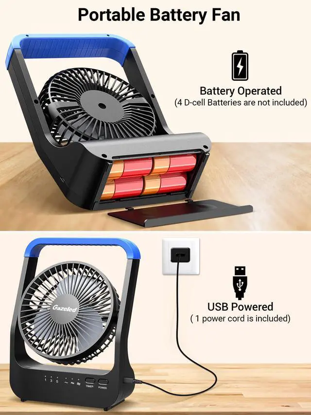 Alt view image 9 of 14 - Battery Operated Fan, Camping Fan Battery Powered, Super Long Lasting, 5'' Portable D-Cell Battery Powered Desk Fan with Timer, 3 Speeds, Quiet, 180° Rotation, for Office,Bedroom,Outdoor, F24
