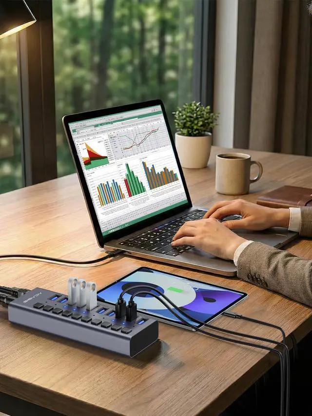 Alt view image 14 of 14 - Powered USB 3.2 Hub, 10 Ports USB 3.2 Hub with 10Gbps Data Speed, Aluminum Housing, USB Hub Powered with 48W Power Adapter, USB Hub for PC/Laptop, Computer, Flash Drive, Printer, Camera