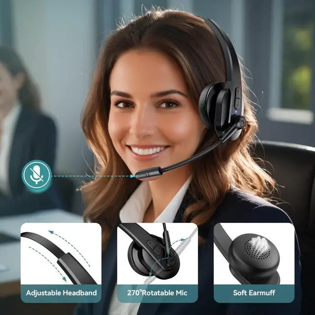 Alt view image 14 of 14 - Bluetooth Headset with USB Dongle for Computer, Single-Ear Wireless Headset with Noise Cancelling Microphone for Office & Truckers, Bluetooth V5.2 with Mute Button for Work