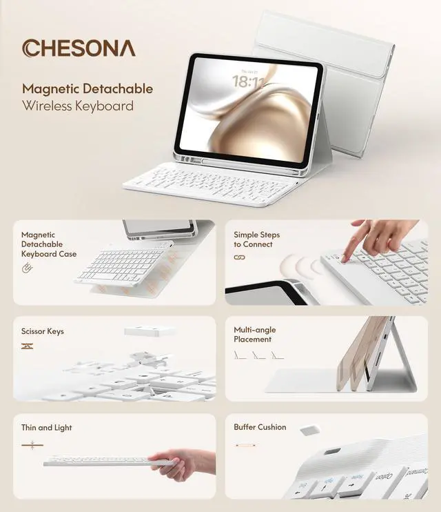 Alt view image 10 of 14 - Keyboard Case for iPad (A16) 11th/10th Generation (2025/2022), Detachable Wireless Keyboard, Stand Folio Keyboard Cover with Pencil Holder, Thin & Light (White)