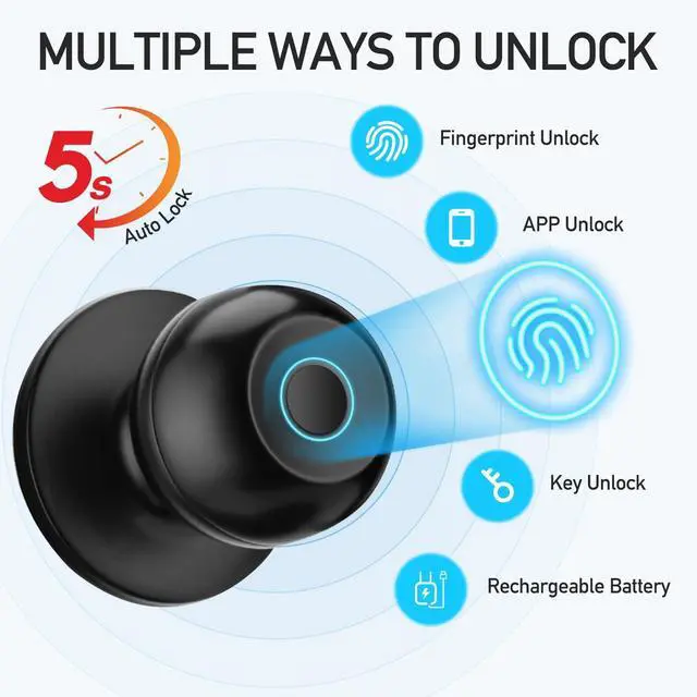 Alt view image 9 of 14 - Fingerprint Door Lock, Smart Door Knob with Lock, Biometric Door Lock with App Control & Key, Keyless Door Locks for Bedrooms, Front Door, Home, Finger Print Door Knobs Black, 1 Pack
