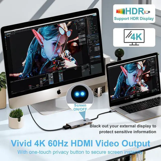 Alt view image 10 of 14 - USB C Hub 6-in-1 with 4K@60Hz HDMI, 2 USB-C & 2 USB-A 10Gbps Ports, Privacy Button, 100W PD Dual USB C Dongle for Mac Laptops, Tablets, Windows Laptops, and More USB-C Devices