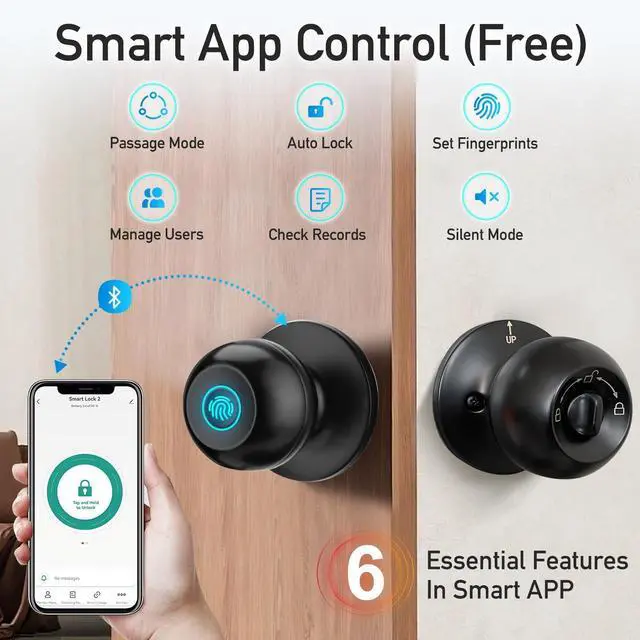 Alt view image 13 of 14 - Fingerprint Door Lock, Smart Door Knob with Lock, Biometric Door Lock with App Control & Key, Keyless Door Locks for Bedrooms, Front Door, Home, Finger Print Door Knobs Black, 1 Pack