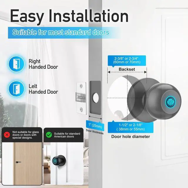 Alt view image 14 of 14 - Fingerprint Door Lock, Smart Door Knob with Lock, Biometric Door Lock with App Control & Key, Keyless Door Locks for Bedrooms, Front Door, Home, Finger Print Door Knobs Black, 1 Pack