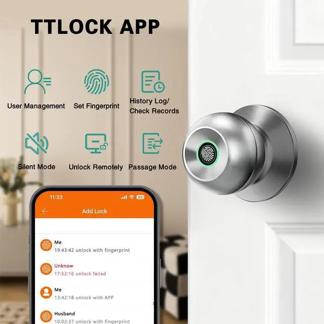Alt view image 10 of 14 - Smart Door Knob,Fingerprint Door Knob,Biometric Smart Door Lock with App Control,Metal Alloy Door Knob,Easy Installation,Great for Bedrooms,Cloakroom,Apartments Offices,Hotel(Sliver)
