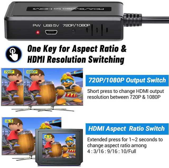 Alt view image 9 of 14 - RCA Svideo to HDMI Converter, Support 4 : 3/16 : 9 Aspect Ratio Switch, 720P/1080P HDMI Output Switch, S-video AV RCA to HDMI converter for VHS/DVD/Wii/PS1/PS2/N64/NGC to Display on HDMI Screen