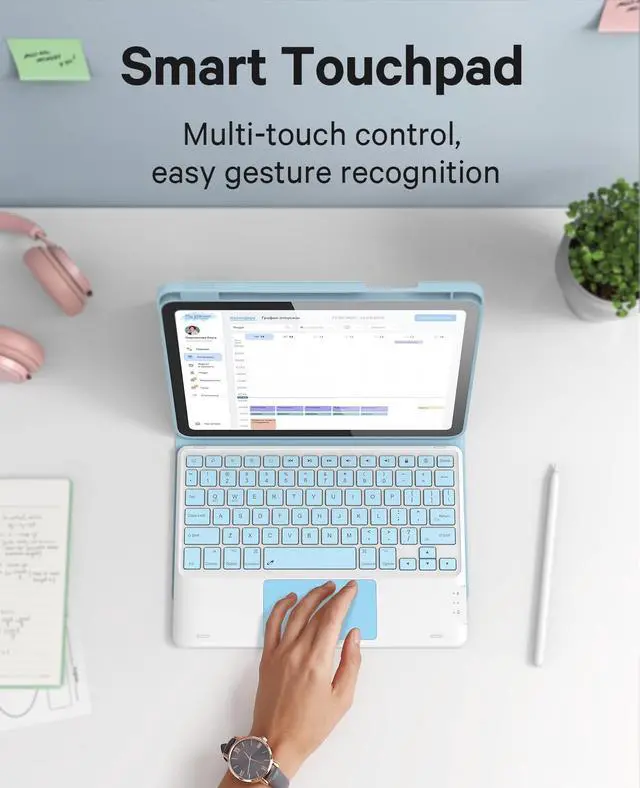 Alt view image 12 of 14 - Keyboard Case for iPad 11th Generation(A16,2025) / 10th Generation(2022), Stain-Resistant Cover, 7 Color Backlit, Detachable Keyboard Case with Touchpad and Pencil Holder, Sky Blue