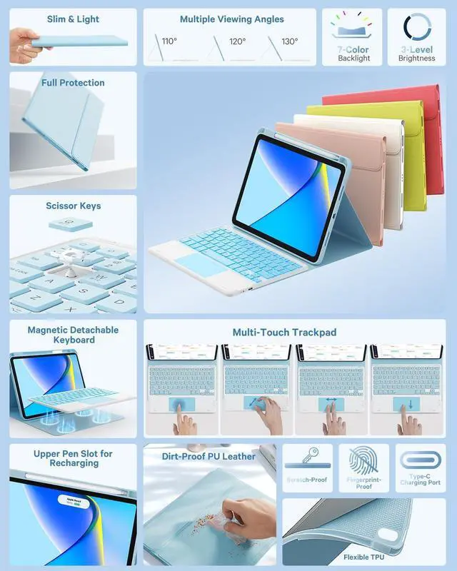 Alt view image 10 of 14 - Keyboard Case for iPad 11th Generation(A16,2025) / 10th Generation(2022), Stain-Resistant Cover, 7 Color Backlit, Detachable Keyboard Case with Touchpad and Pencil Holder, Sky Blue