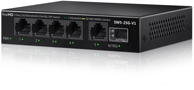 Alt view image 7 of 12 - 5 Port 2.5Gb Ethernet Switch Unmanaged Network Switch Ethernet Splitter | 5 x 2.5 Gigabit | 1 x 10G SFP+ | Multigig Switch 10-100-1000Mbps | 45G Bandwidth | Fanless Metal Internet Switch