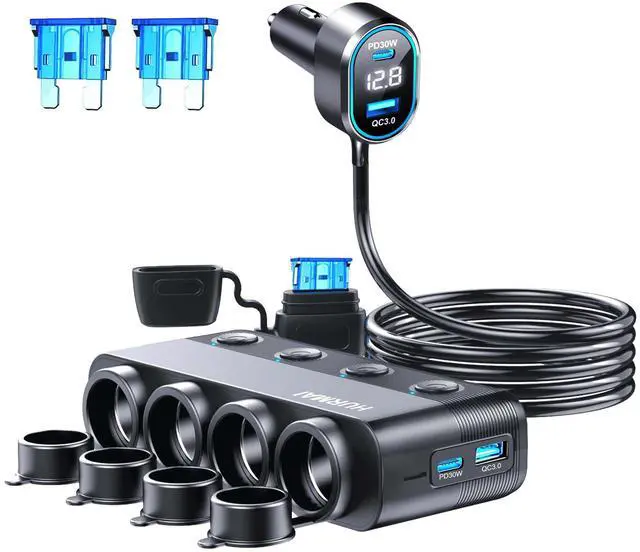 Alt view image 8 of 14 - 8 in 1 Cigarette Lighter Splitter,264W 4 Socket Car Cigarette Lighter Adapter,Type-C QC3.0 PD 30W Charging,Heavy Duty Truck Car USB Chager Multi Plug Outlet 12V/24V Independent Switches,LED Voltmeter