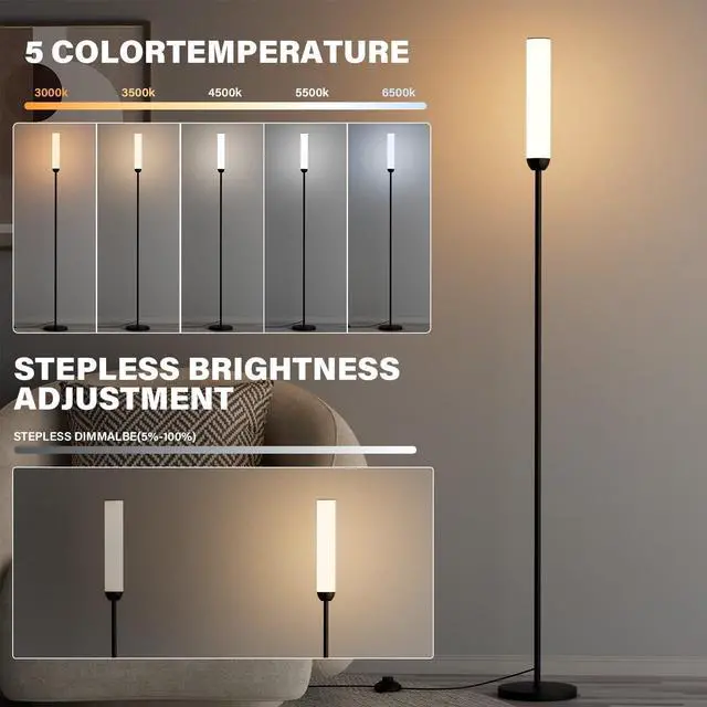 Alt view image 9 of 14 - LED Floor Lamp with Remote Control, 65" Standing lamp with Stepless Adjustable 3000K-6500K Colors & 30-100% Brightness, Foot Switch(Black)
