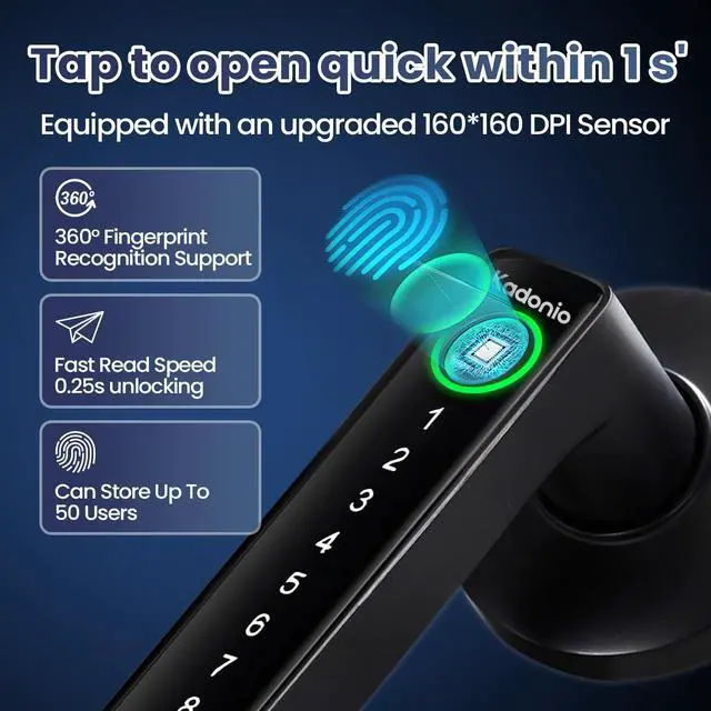 Alt view image 11 of 14 - Fingerprint Door Lock, Electronic Keyless Entry Door Lock with Handle, Smart Door Knob with APP, Code, Fingerprint Biometric, Backup Key for Bedroom, Home, Hotel, Office, Apartment (Black)