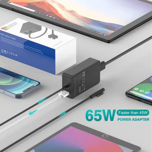 Alt view image 10 of 14 - 65W Charger Compatible with Microsoft Surface Pro 11, 10, 9, 8, 7+, 7, 6, 5, 4, 3, X, Power Adapter for Windows Surface Laptop 7/6/5/4/3/2/1, Go Tablet, Book 3/2/1, Support 44W, 36W, LED, 10FT