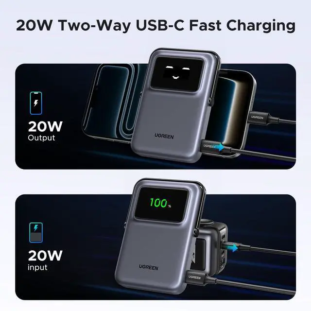 Alt view image 10 of 14 - 10000mAh Magnetic Portable Charger, Qi 7.5W Wireless Power Bank, PD 20W USB C Battery Pack with Foldable Stand and TFT Display MagSafe Compatible iPhone 17/16 /15/14/13/12 Series, Black