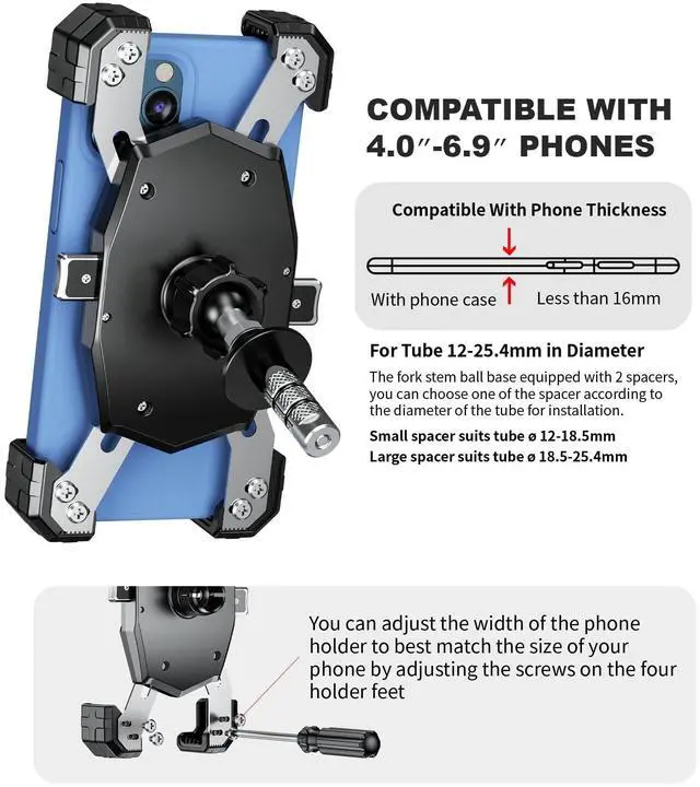 Alt view image 14 of 14 - Motorcycle Fork Stem Phone Mount, Motorcycle Phone Mount, 1S One-Push Automatically Lock & Release, Fits for Fork Stem 12-25.4mm in Diameter, for 4.0-6.9" Cellphones