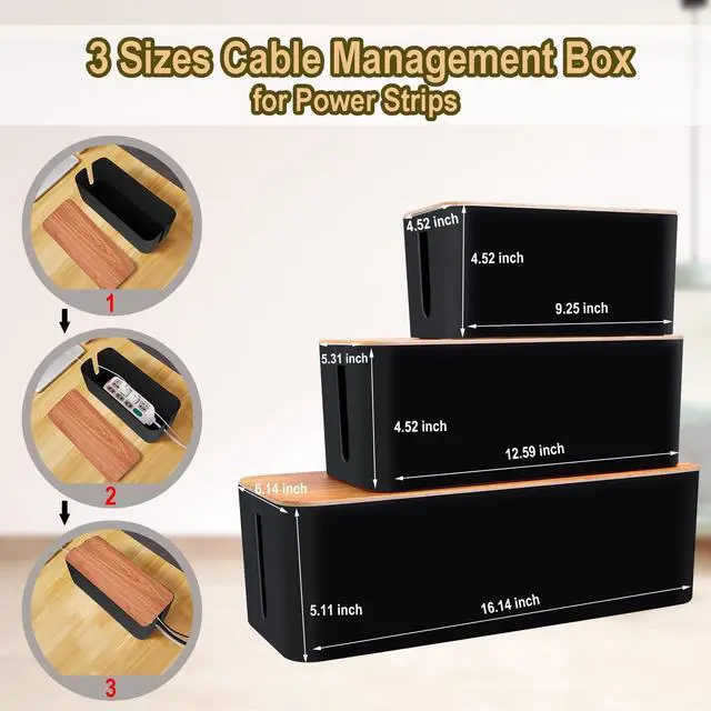 Alt view image 9 of 14 - Cable Management Box Cable Management Kit for Power Strip to Hide Wires,Cord Organizer Boxes,Safe ABS Material Wire Organizer of Cable Clips Sleeve for Home & Office,3Pack-128PCS /Black