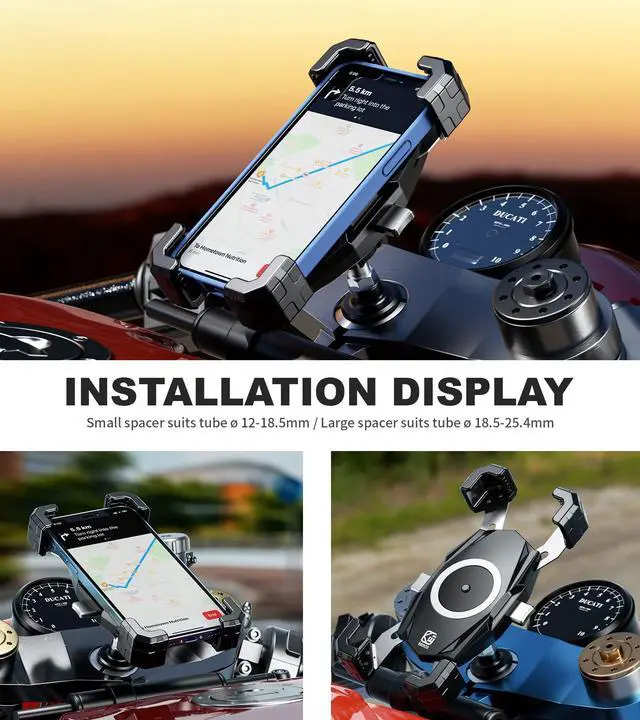 Alt view image 13 of 14 - Motorcycle Fork Stem Phone Mount, Motorcycle Phone Mount, 1S One-Push Automatically Lock & Release, Fits for Fork Stem 12-25.4mm in Diameter, for 4.0-6.9" Cellphones