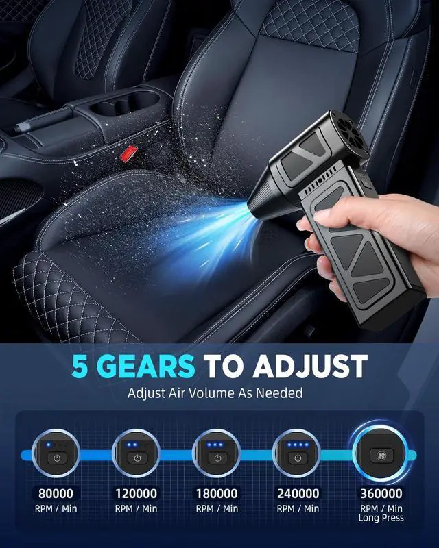 Alt view image 11 of 14 - Compressed Air Duster, 360000RPM Powerful Electric Air Duster with Brushless Motor, 5-Gear Rechargeable Cordless Air Blower Turbo Fan, Mini Jet Dry Blower for PC, Keyboard, Snow, Car, Outdoors