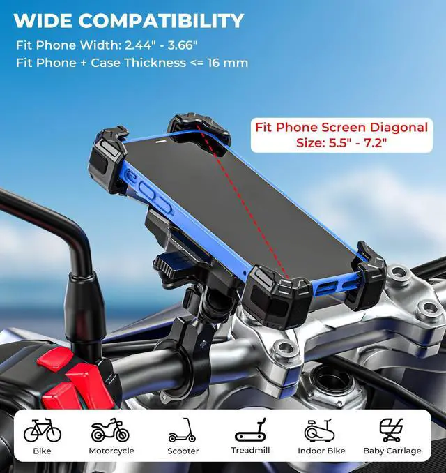 Alt view image 13 of 14 - Motorcycle Phone Mount with Vibration Dampener, 1s Lock Bike Phone Holder with Aluminum Alloy Handlebar Mounting Base, One-Handed Operation Motorcycle Cellphone Mount for 5.5"-7.2" Smartphone