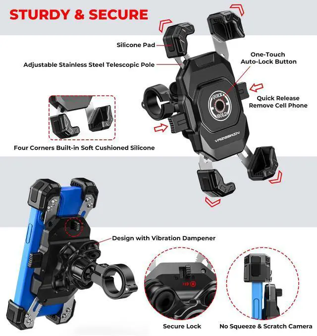 Alt view image 12 of 14 - Motorcycle Phone Mount with Vibration Dampener, 1s Lock Bike Phone Holder with Aluminum Alloy Handlebar Mounting Base, One-Handed Operation Motorcycle Cellphone Mount for 5.5"-7.2" Smartphone