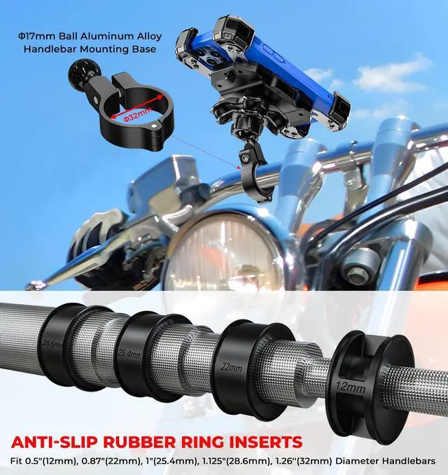 Alt view image 11 of 14 - Motorcycle Phone Mount with Vibration Dampener, 1s Lock Bike Phone Holder with Aluminum Alloy Handlebar Mounting Base, One-Handed Operation Motorcycle Cellphone Mount for 5.5"-7.2" Smartphone