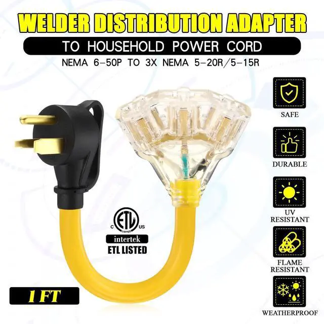 Alt view image 9 of 14 - 50 Amp to 20 Amp Welder Distribution Adapter Compatible with Nema 6-50p to 3X 5-15r/ 5-20r Adapter Cord for 3 Prong Welder to Three Household Outlet, STW 10 Awg, 1ft, Etl Listed