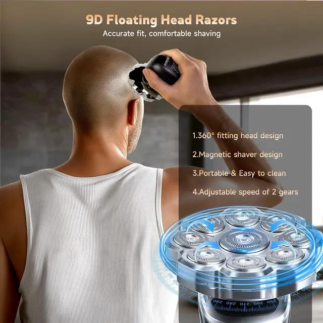 Alt view image 9 of 14 - Electric Razor for Men,Head Shavers for Bald Men,5-in-1 Electric Razors with Wet & Dry Bald Head Shaver,9D Floating Head Shaver Comes with Magnetic Detachable Blades