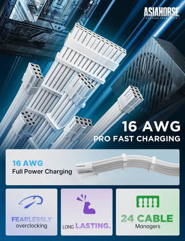 Alt view image 10 of 14 - Power Supply Sleeved Cable, 16 AWG PSU Extension Cable Kit of White Connector, 1x24Pin/2x4+4 EPS/3x6+2 PCI-E, 30cm Length with Combs-White