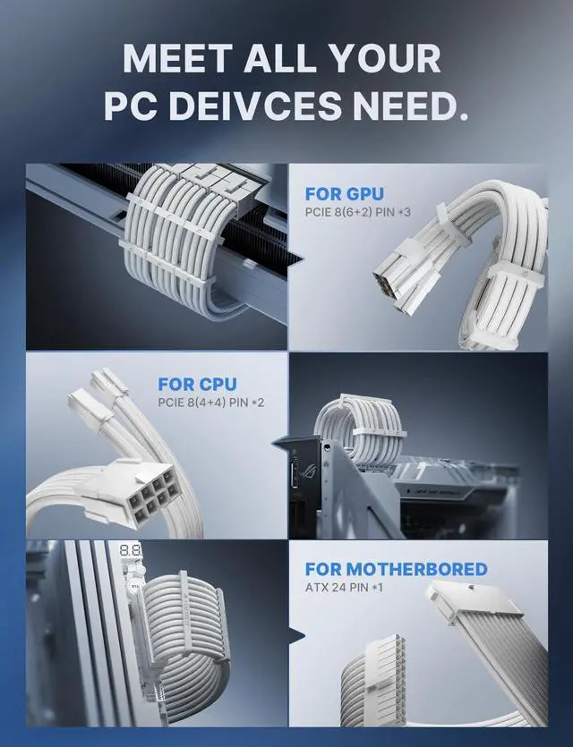 Alt view image 14 of 14 - Power Supply Sleeved Cable, 16 AWG PSU Extension Cable Kit of White Connector, 1x24Pin/2x4+4 EPS/3x6+2 PCI-E, 30cm Length with Combs-White