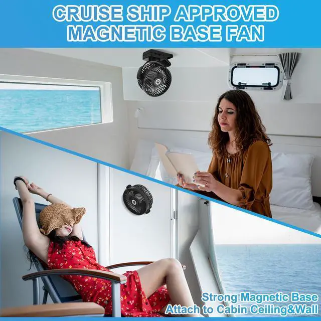 Alt view image 10 of 14 - 6 inch Magnetic Cruise Fan with 12000mAh Rechargeable Battery, 3-Speed Control, LED Light, Timer, Clip & Power Output Ship-Approved, 360° Tilt Head for Cruise Staterooms & Travel