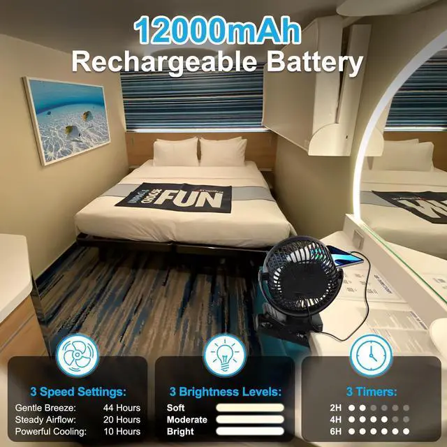 Alt view image 11 of 14 - 6 inch Magnetic Cruise Fan with 12000mAh Rechargeable Battery, 3-Speed Control, LED Light, Timer, Clip & Power Output Ship-Approved, 360° Tilt Head for Cruise Staterooms & Travel