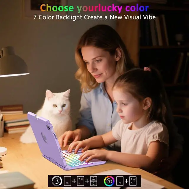 Alt view image 10 of 14 - Touchpad Keyboard Case for iPad mini 7 A17 Pro 2024 & Mini 6th Generation 2021 8.3 inch - 360° Swivel 7 Color Backlit Keyboard for iPad mini 7th 6th Generation with Pencil Holder, Purple