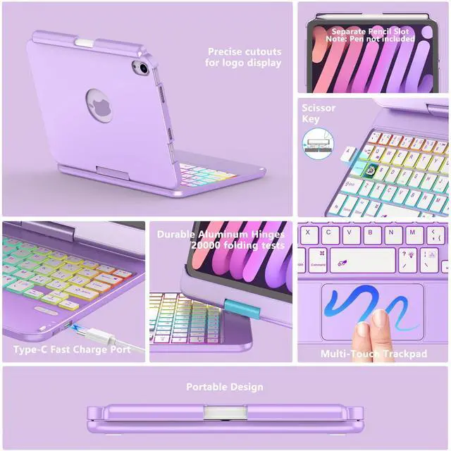 Alt view image 13 of 14 - Touchpad Keyboard Case for iPad mini 7 A17 Pro 2024 & Mini 6th Generation 2021 8.3 inch - 360° Swivel 7 Color Backlit Keyboard for iPad mini 7th 6th Generation with Pencil Holder, Purple