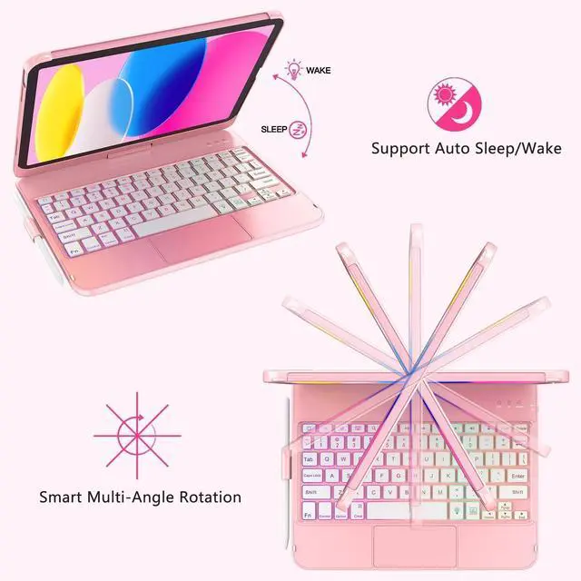 Alt view image 14 of 14 - Touch Keyboard Case for iPad (A16) 11th Generation 11 inch 2025&10th Gen 10.9 inch 2022, 360° Rotate for iPad 10th Generation Case with Keyboard, Backlit Keyboard Case with Pencil Holder, Pink