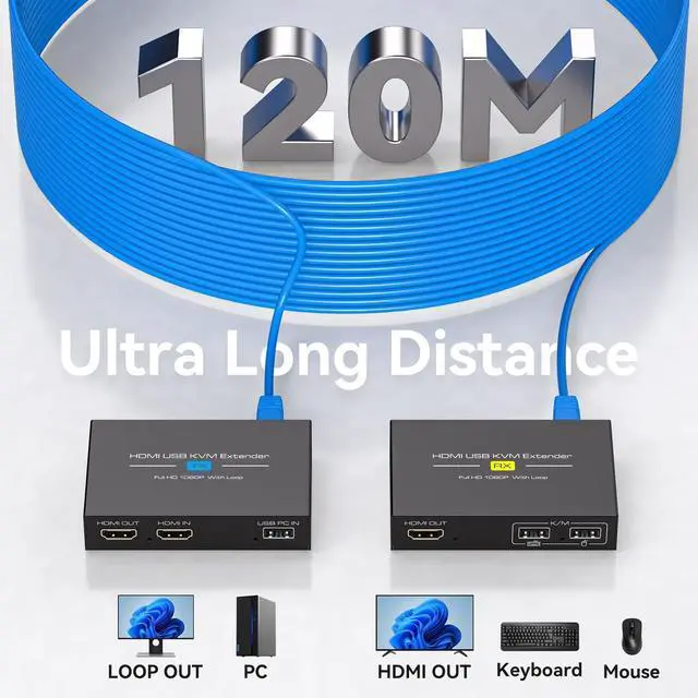 Alt view image 11 of 14 - HDMI KVM USB Extender 394ft 120M Over Cat 5e 6 7 1080P Ethernet Balun Transmitter Receiver with Loop Out Function Plug Play for Mouse and Keyboard Control