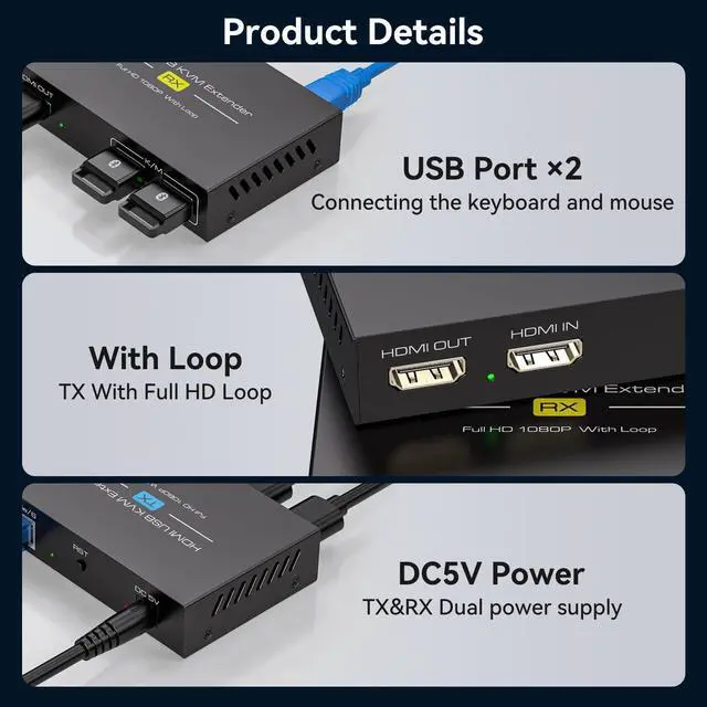 Alt view image 13 of 14 - HDMI KVM USB Extender 394ft 120M Over Cat 5e 6 7 1080P Ethernet Balun Transmitter Receiver with Loop Out Function Plug Play for Mouse and Keyboard Control